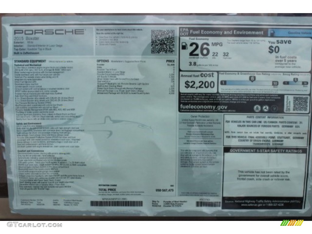 2015 Porsche Boxster Standard Boxster Model Window Sticker Photo #96394352