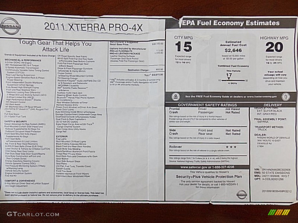 2011 Nissan Xterra Pro-4X 4x4 Window Sticker Photo #96431584