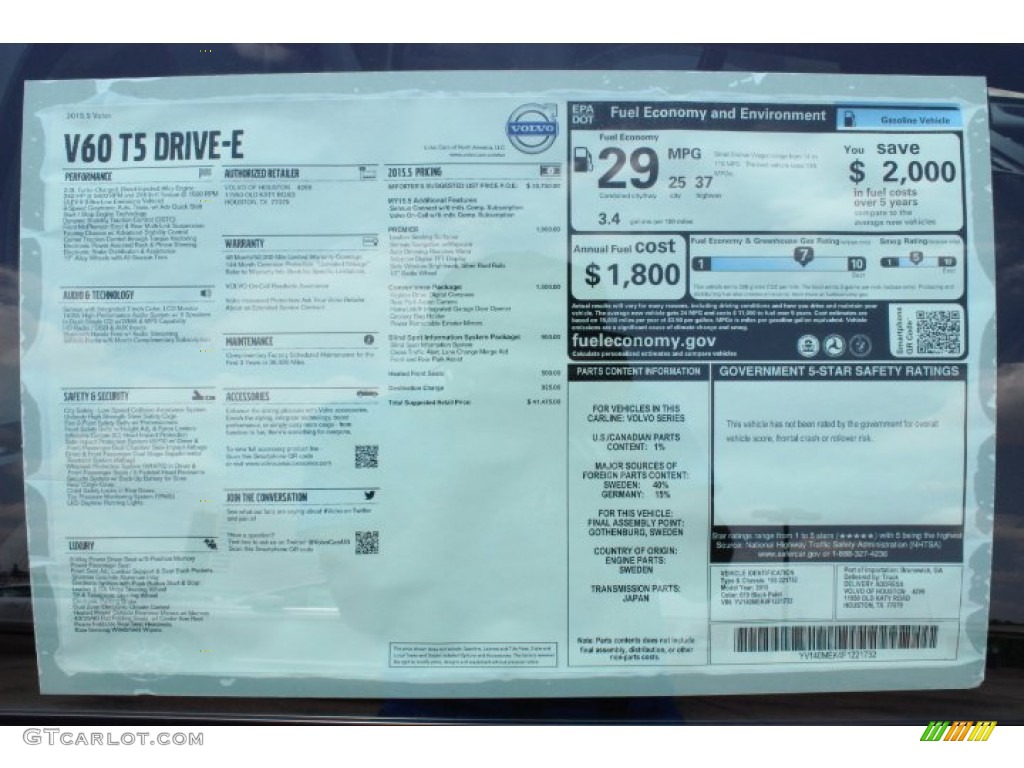 2015 Volvo V60 T5 Drive-E Window Sticker Photo #96441261