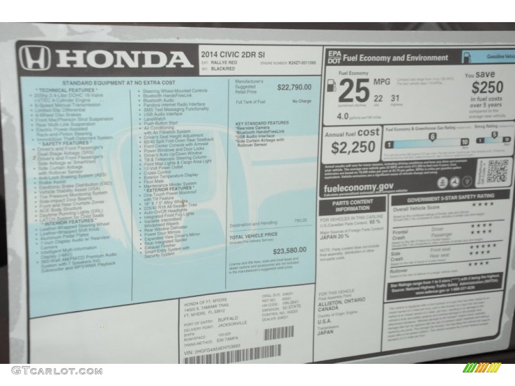 2014 Honda Civic Si Coupe Window Sticker Photo #96483961