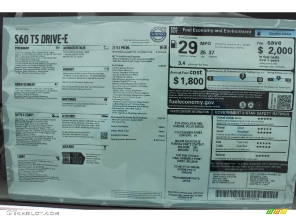 2015 Volvo S60 T5 Drive-E Window Sticker Photo #96490582