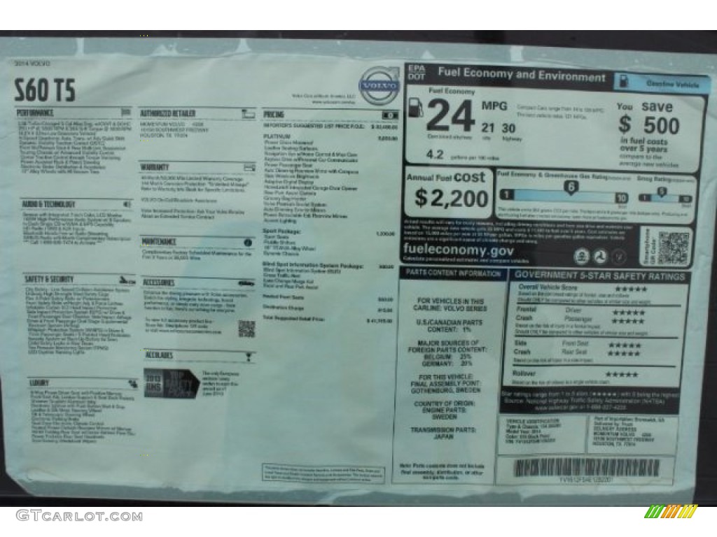2014 Volvo S60 T5 Window Sticker Photo #96494083