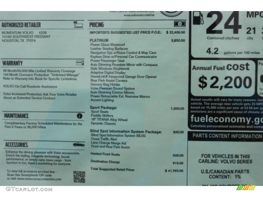 2014 Volvo S60 T5 Window Sticker Photos