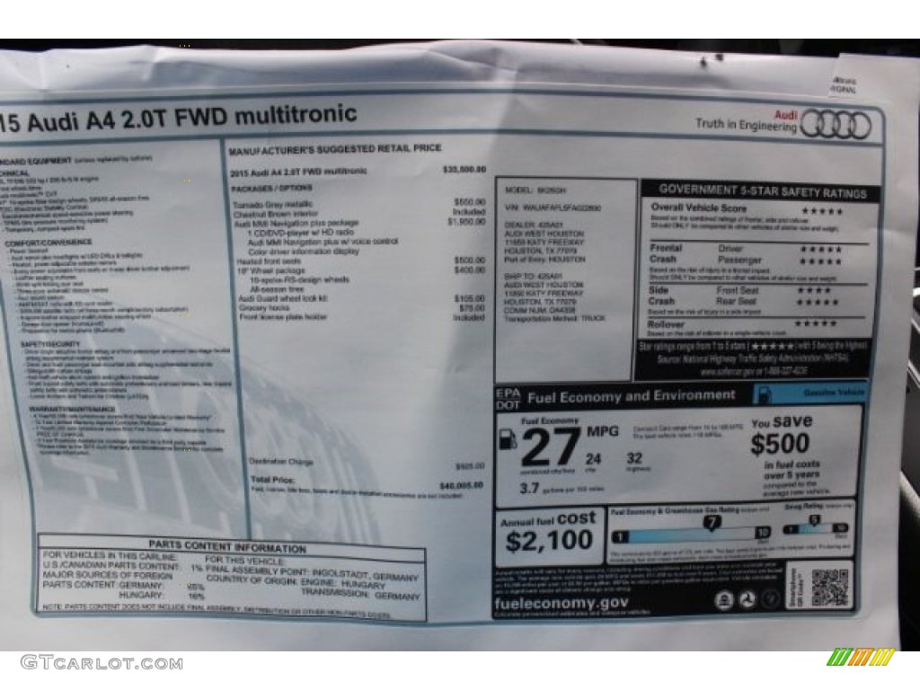 2015 Audi A4 2.0T Premium Window Sticker Photo #96501259
