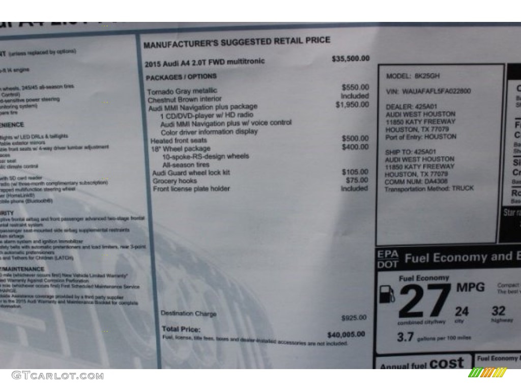 2015 Audi A4 2.0T Premium Window Sticker Photo #96501277