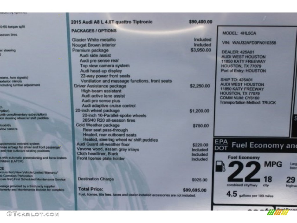 2015 Audi A8 L 4.0T quattro Window Sticker Photo #96532659