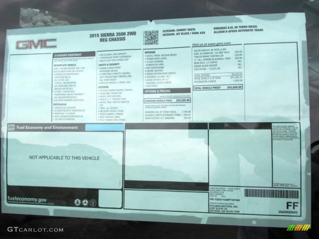2015 GMC Sierra 3500HD Work Truck Regular Cab Chassis Window Sticker Photo #96594895