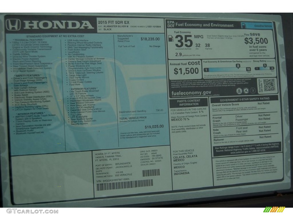 2015 Honda Fit EX Window Sticker Photo #96605792