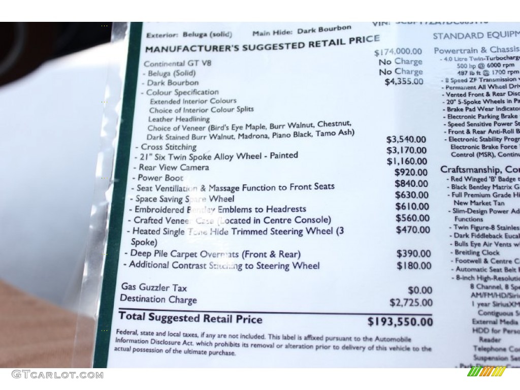 2013 Bentley Continental GT V8 Standard Continental GT V8 Model Window Sticker Photos