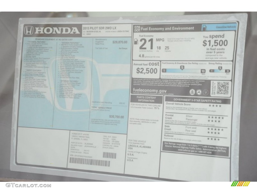 2015 Pilot LX - Modern Steel Metallic / Gray photo #8