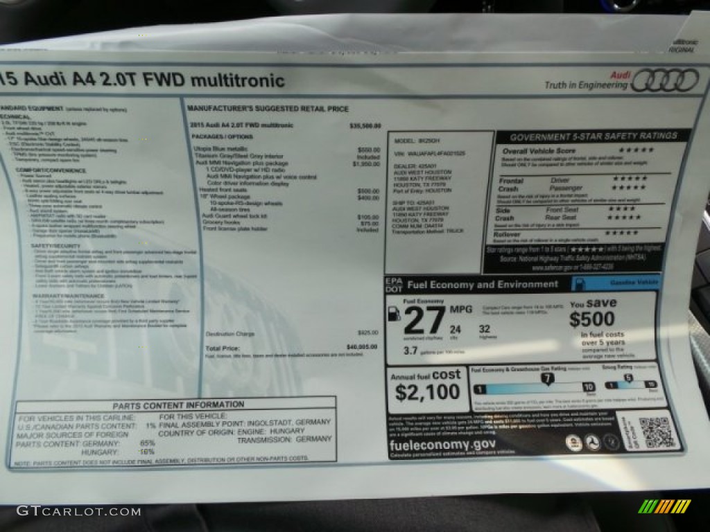 2015 Audi A4 2.0T Premium Window Sticker Photo #96682102