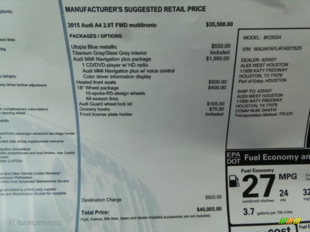 2015 Audi A4 2.0T Premium Window Sticker Photo #96682123
