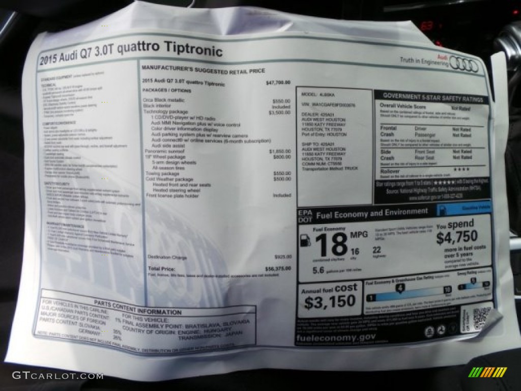 2015 Audi Q7 3.0 Premium quattro Window Sticker Photo #96748018