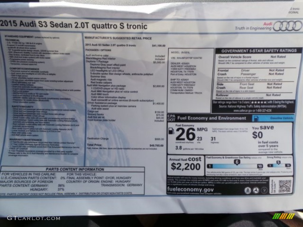 2015 Audi A3 2.0 Premium quattro Window Sticker Photo #96749770
