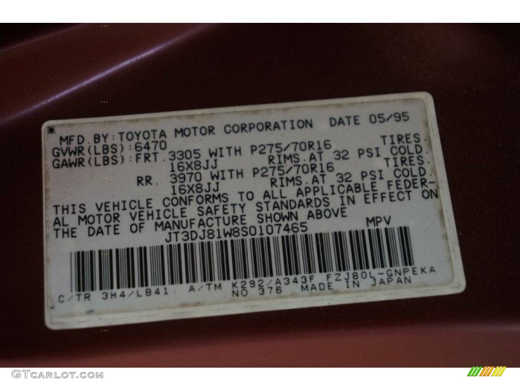 1995 Land Cruiser Color Code 3H4 for Medium Red Pearl Photo #96799171