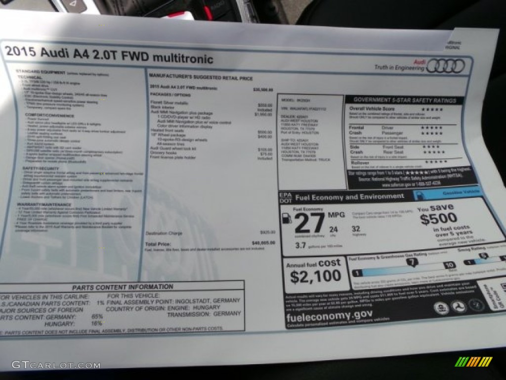 2015 Audi A4 2.0T Premium Window Sticker Photo #96918358