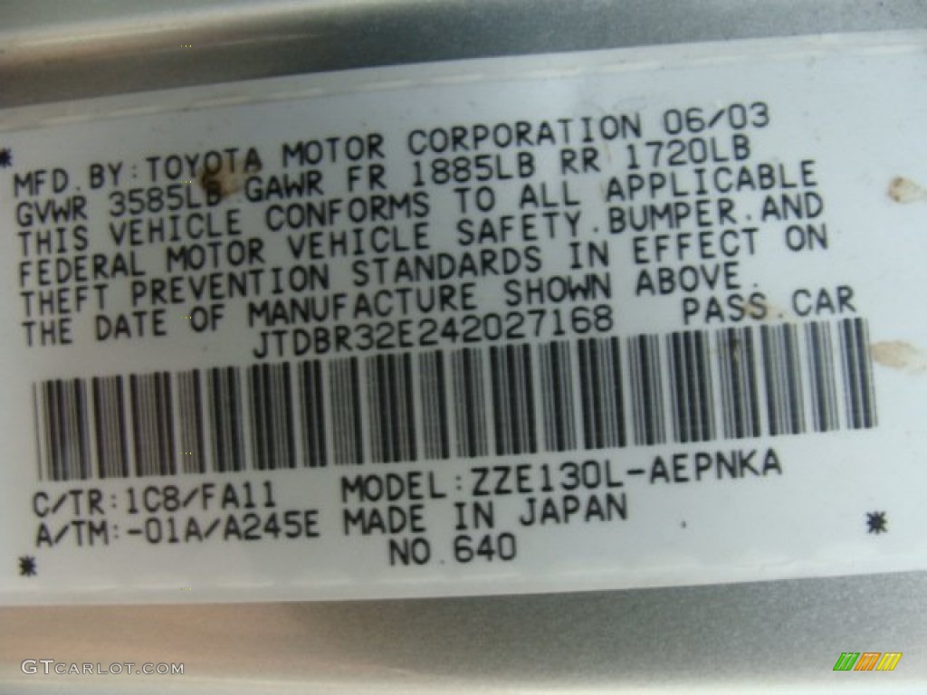 2004 Corolla Color Code 1C8 for Lunar Mist Silver Metallic Photo #96919639