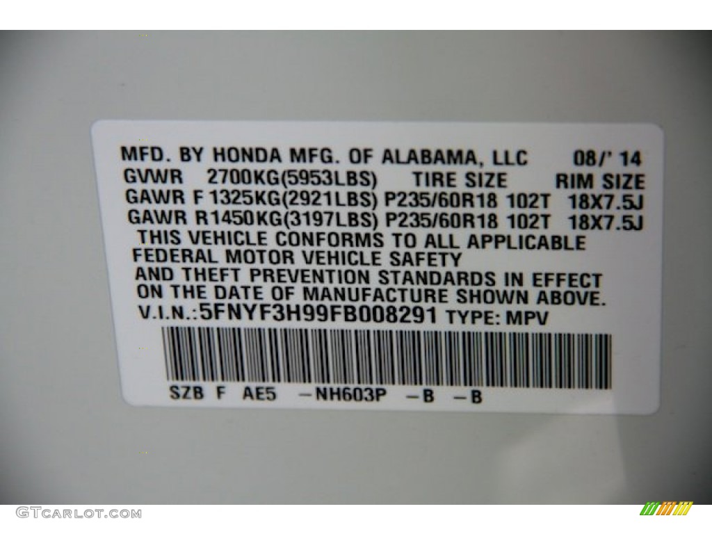 2015 Pilot Color Code NH603P for White Diamond Pearl Photo #96948841