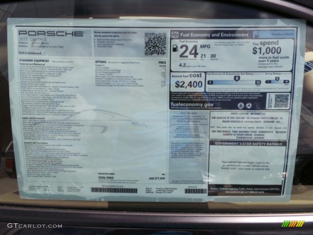 2015 Porsche Cayman S Window Sticker Photo #96990033