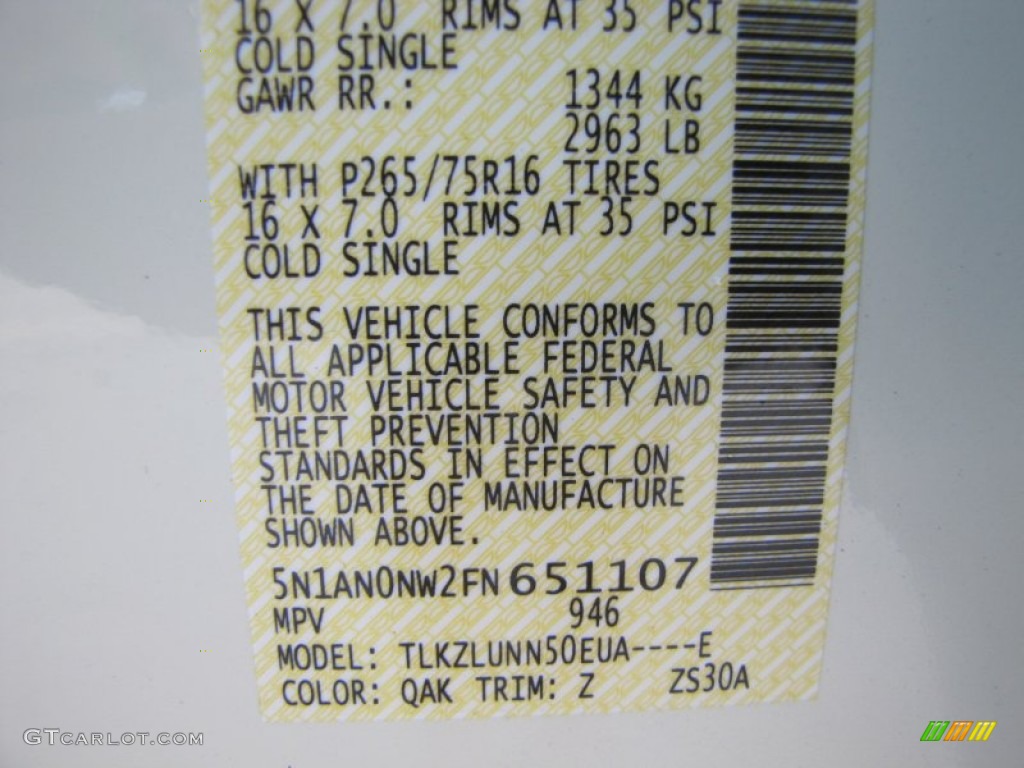 2015 Xterra Color Code QAK for Glacier White Photo #97013988