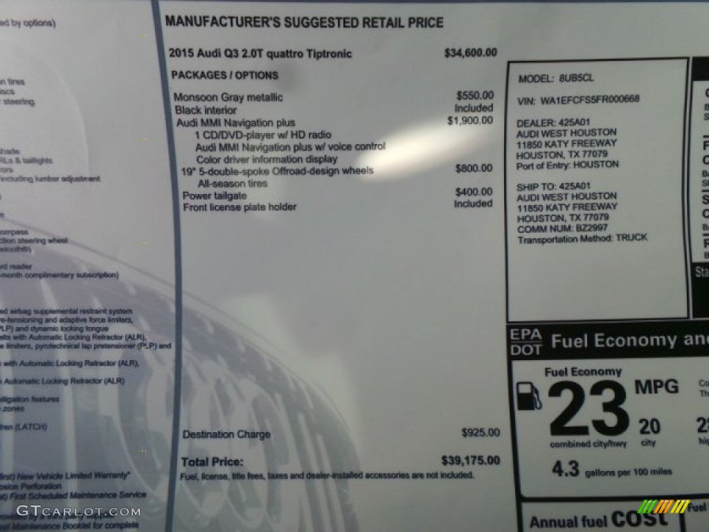 2015 Audi Q3 2.0 TFSI Premium Plus quattro Window Sticker Photos