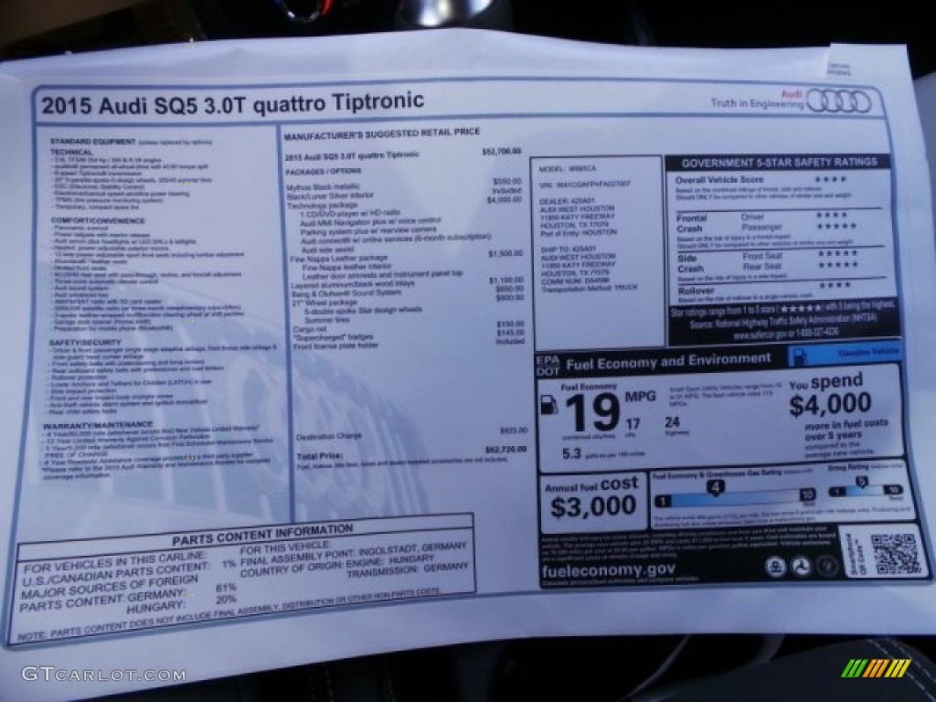 2015 Audi SQ5 Premium Plus 3.0 TFSI quattro Window Sticker Photo #97020708