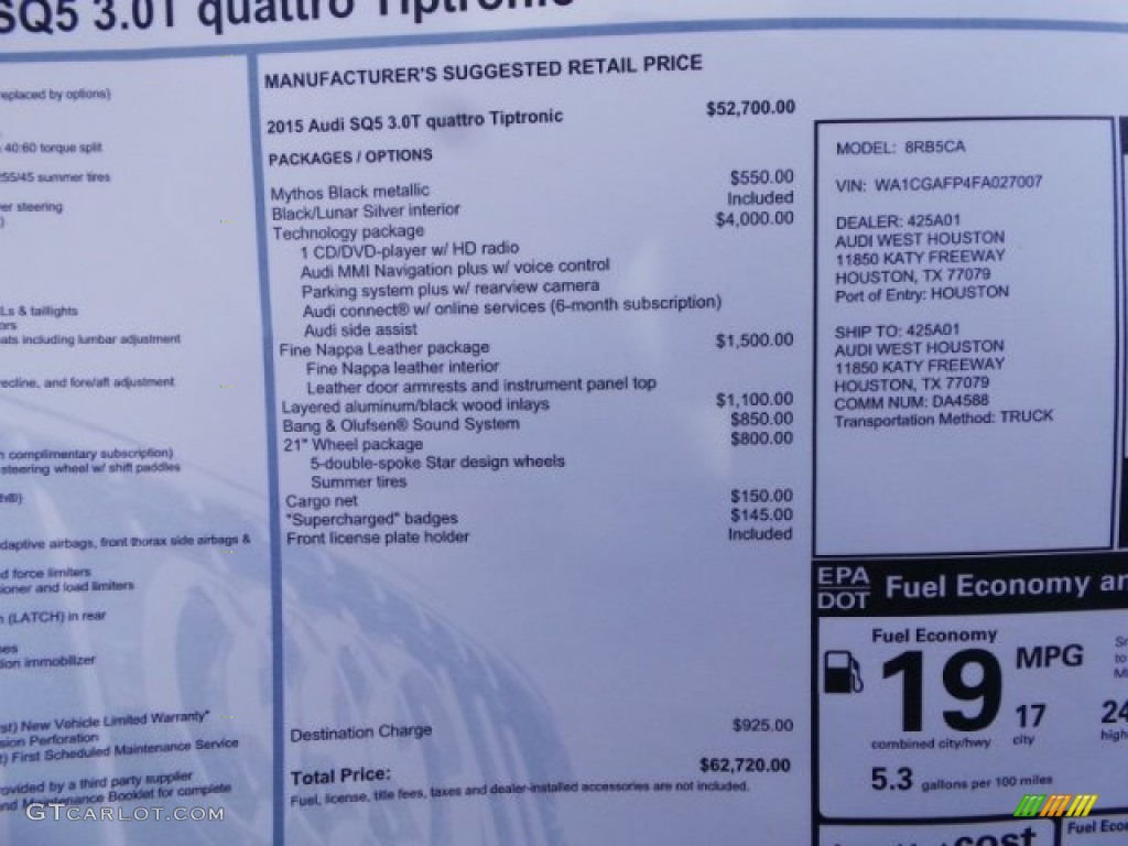 2015 Audi SQ5 Premium Plus 3.0 TFSI quattro Window Sticker Photo #97020738