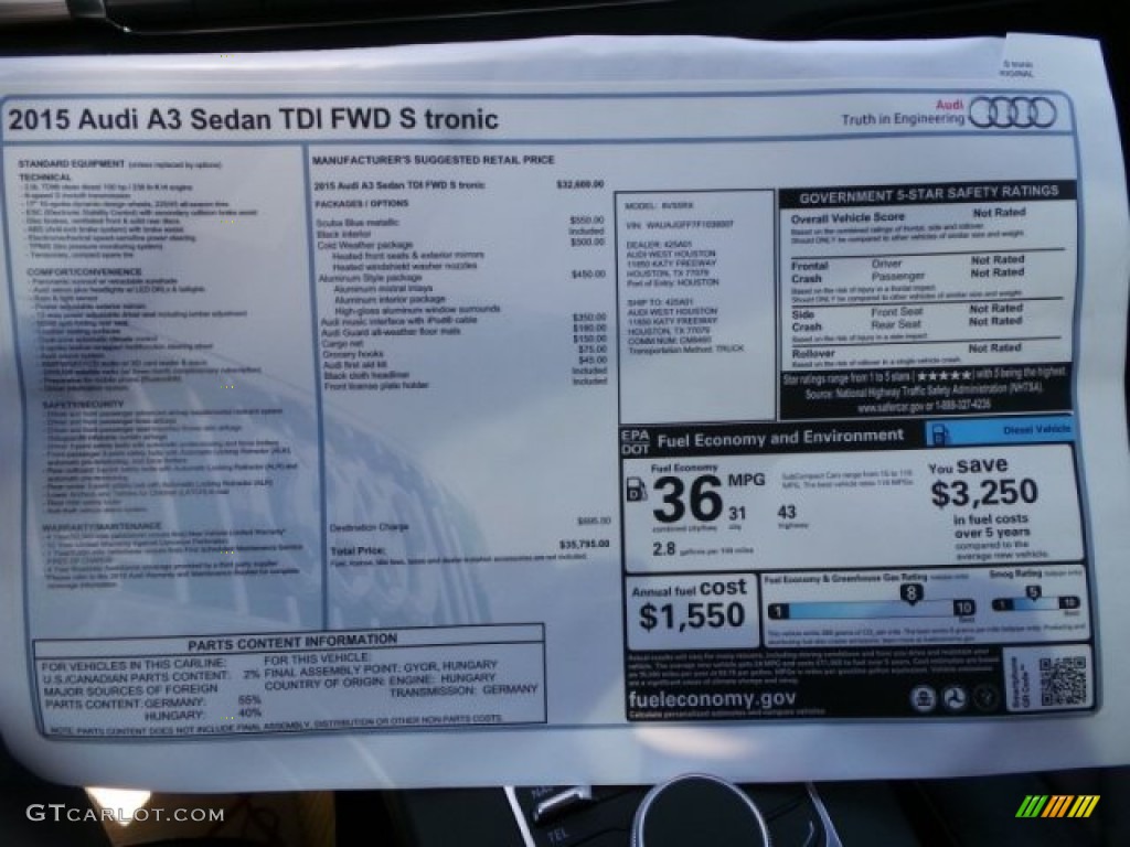 2015 Audi A3 2.0 TDI Premium Window Sticker Photo #97021449
