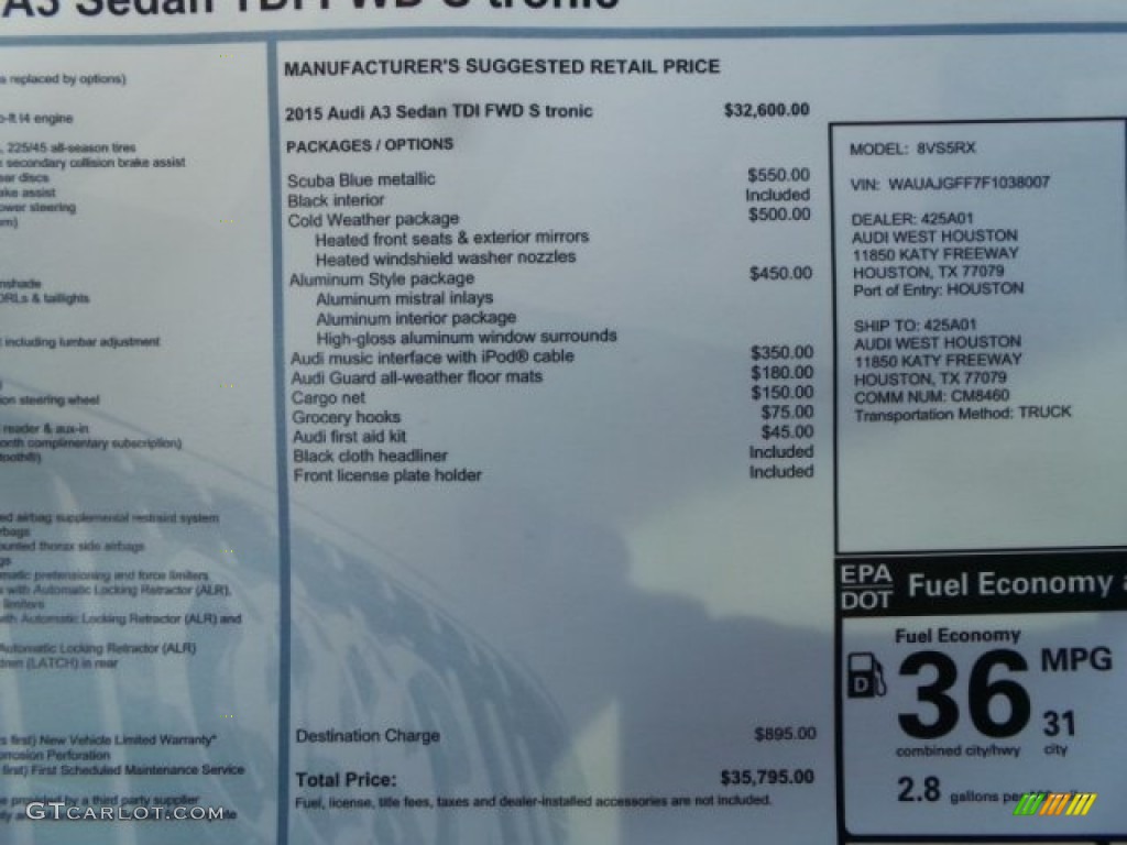 2015 Audi A3 2.0 TDI Premium Window Sticker Photo #97021470