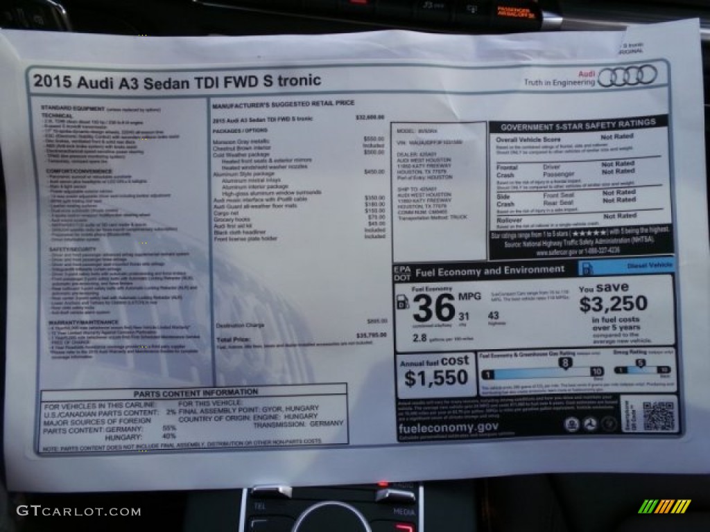 2015 Audi A3 2.0 TDI Premium Window Sticker Photo #97022150