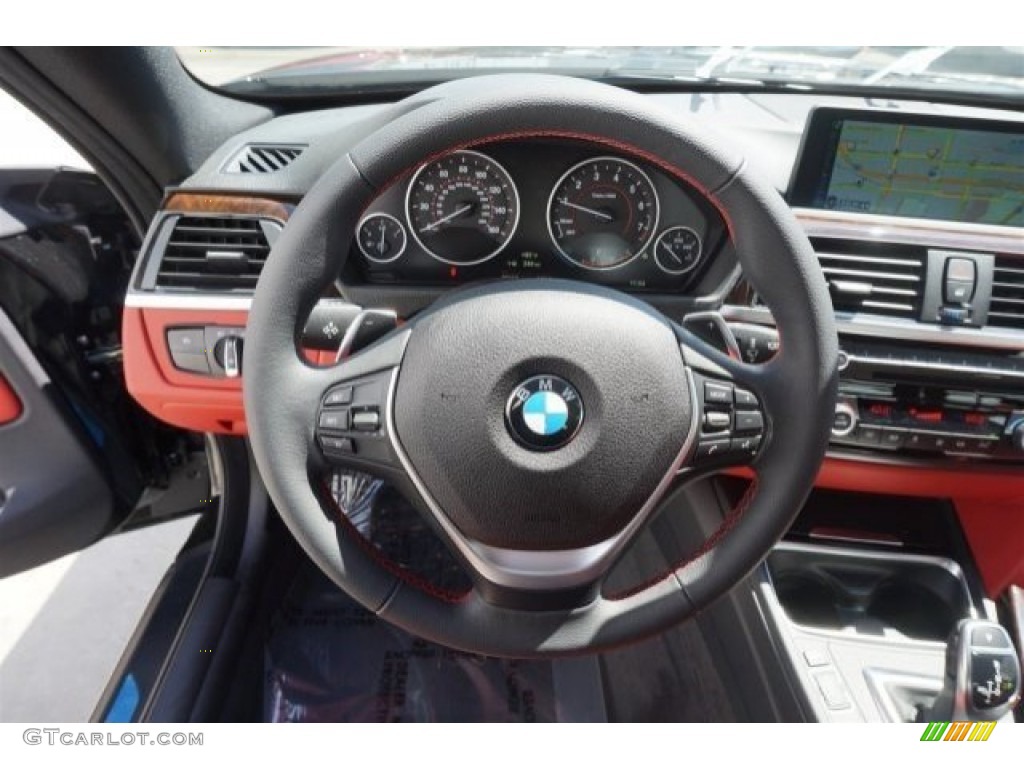 2015 BMW 4 Series 428i Coupe Coral Red/Black Highlight Steering Wheel Photo #97040202