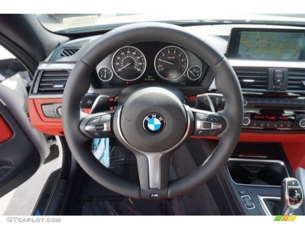 2015 BMW 4 Series 428i Coupe Coral Red/Black Highlight Steering Wheel Photo #97040487