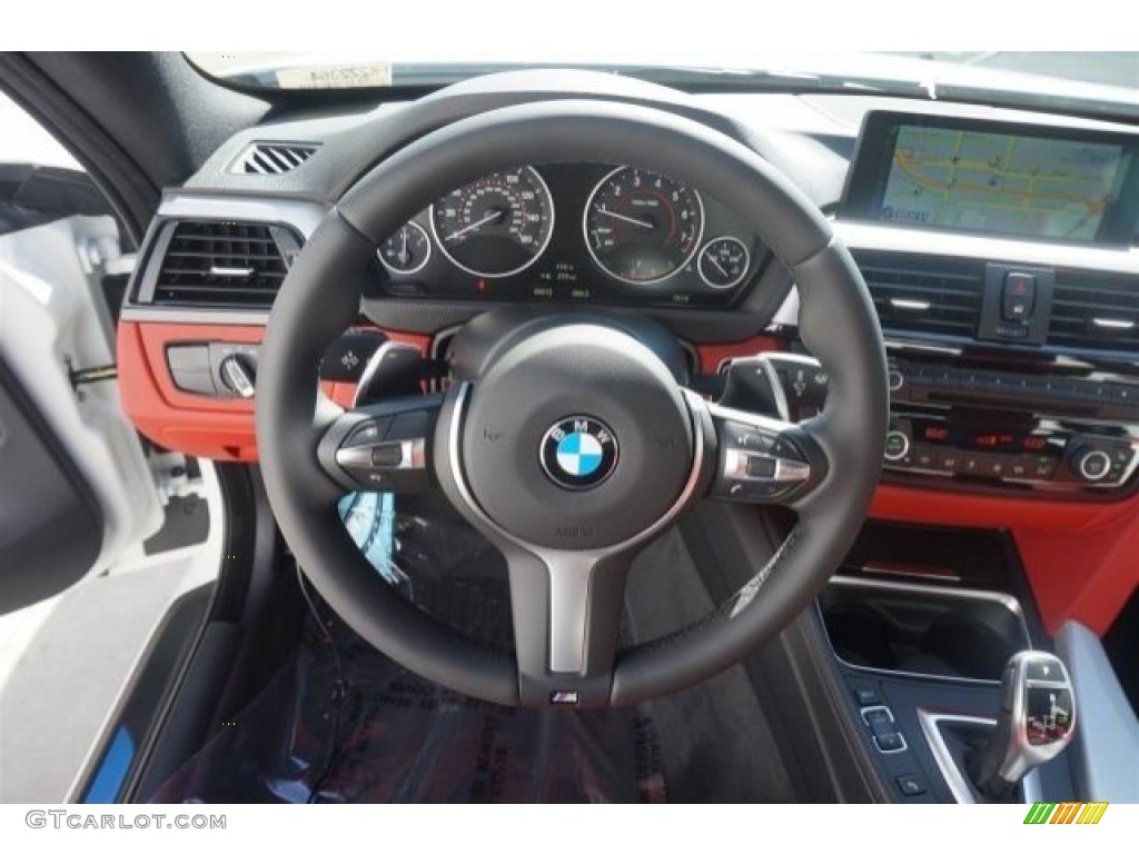 2015 BMW 4 Series 428i Coupe Coral Red/Black Highlight Steering Wheel Photo #97061783