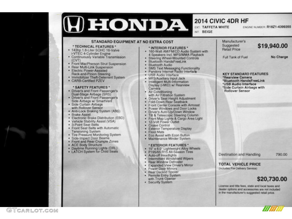 2014 Honda Civic HF Sedan Window Sticker Photo #97067893