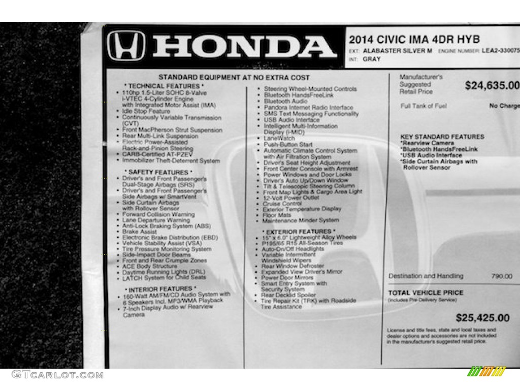 2014 Honda Civic Hybrid Sedan Window Sticker Photo #97072978