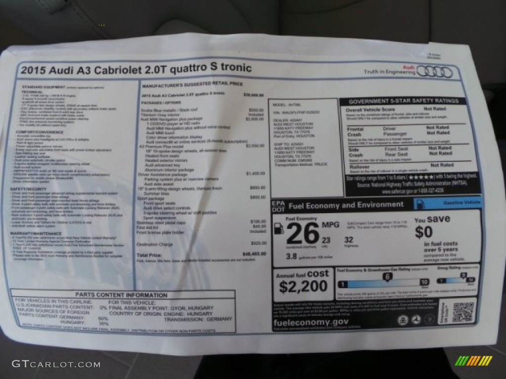 2015 Audi A3 2.0 Premium Plus quattro Cabriolet Window Sticker Photo #97074793