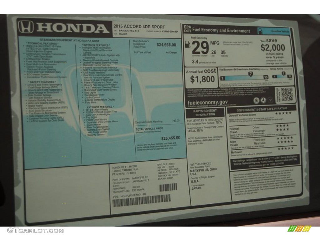 2015 Honda Accord Sport Sedan Window Sticker Photo #97112964
