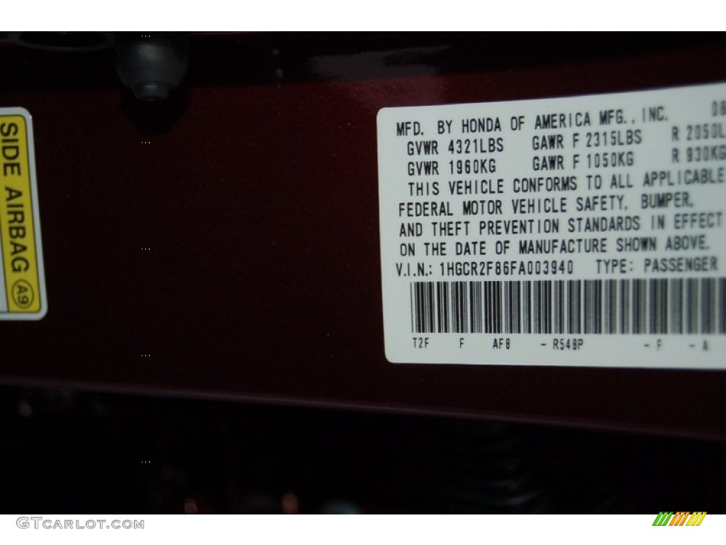 2015 Accord Color Code R548P for Basque Red Pearl II Photo #97114298