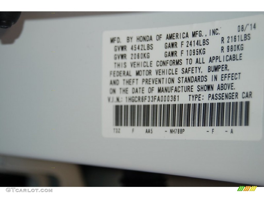 2015 Accord Color Code NH788P for White Orchid Pearl Photo #97118474