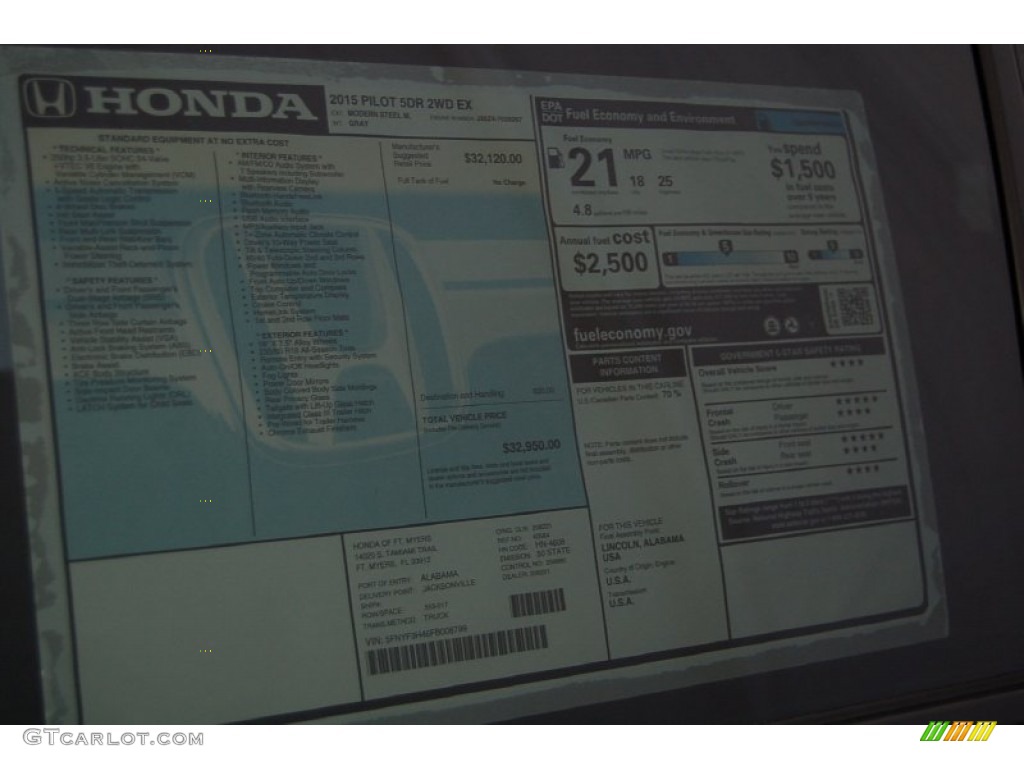 2015 Pilot EX - Modern Steel Metallic / Gray photo #6