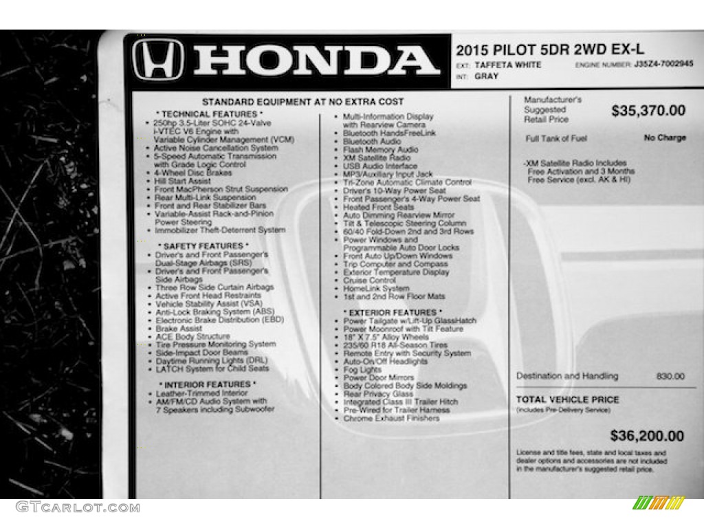 2015 Pilot EX-L - Taffeta White / Gray photo #22