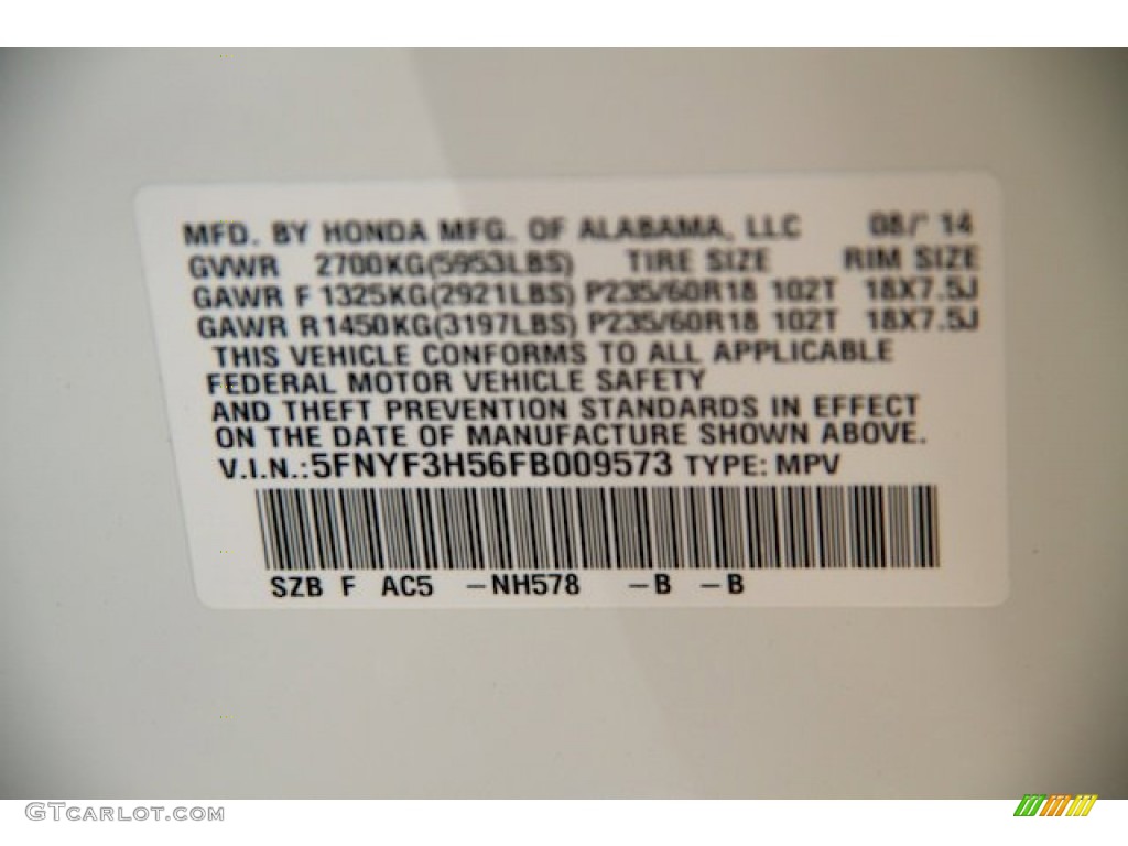 2015 Pilot EX-L - Taffeta White / Gray photo #24