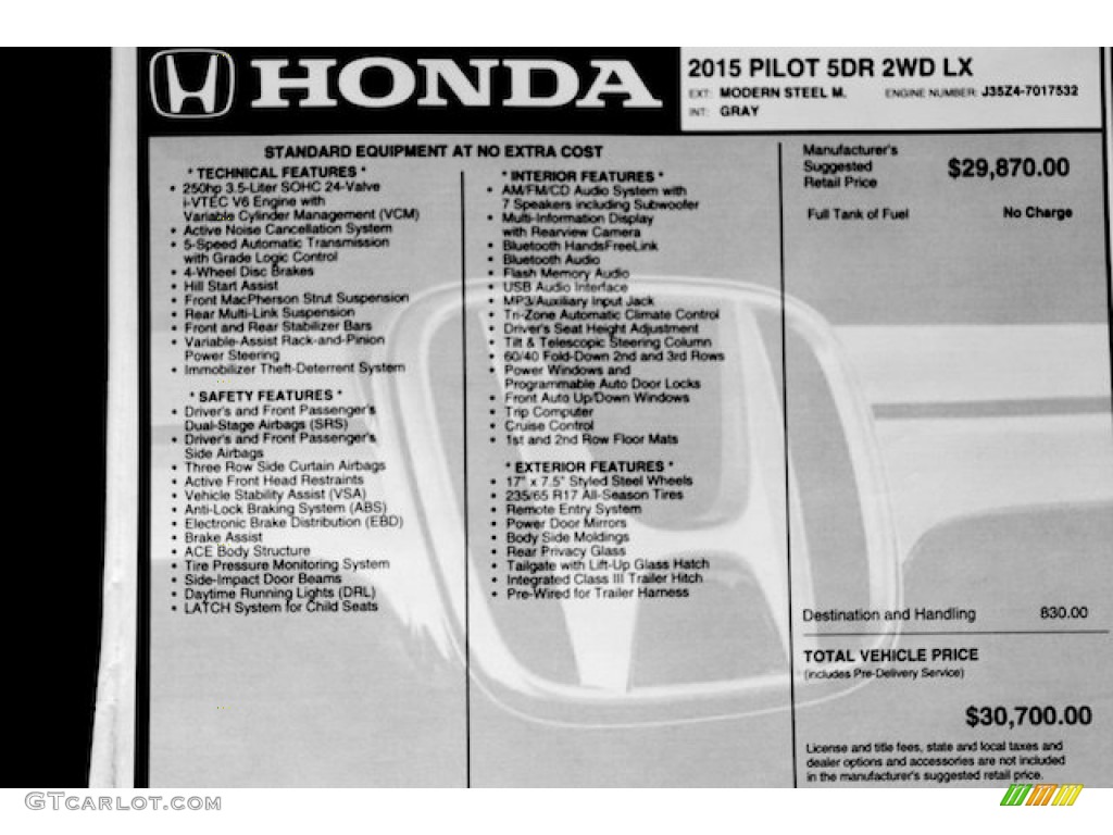 2015 Honda Pilot LX Window Sticker Photo #97289448