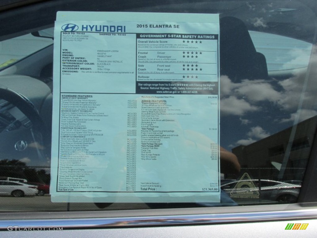 2015 Elantra SE Sedan - Titanium Gray Metallic / Black photo #35