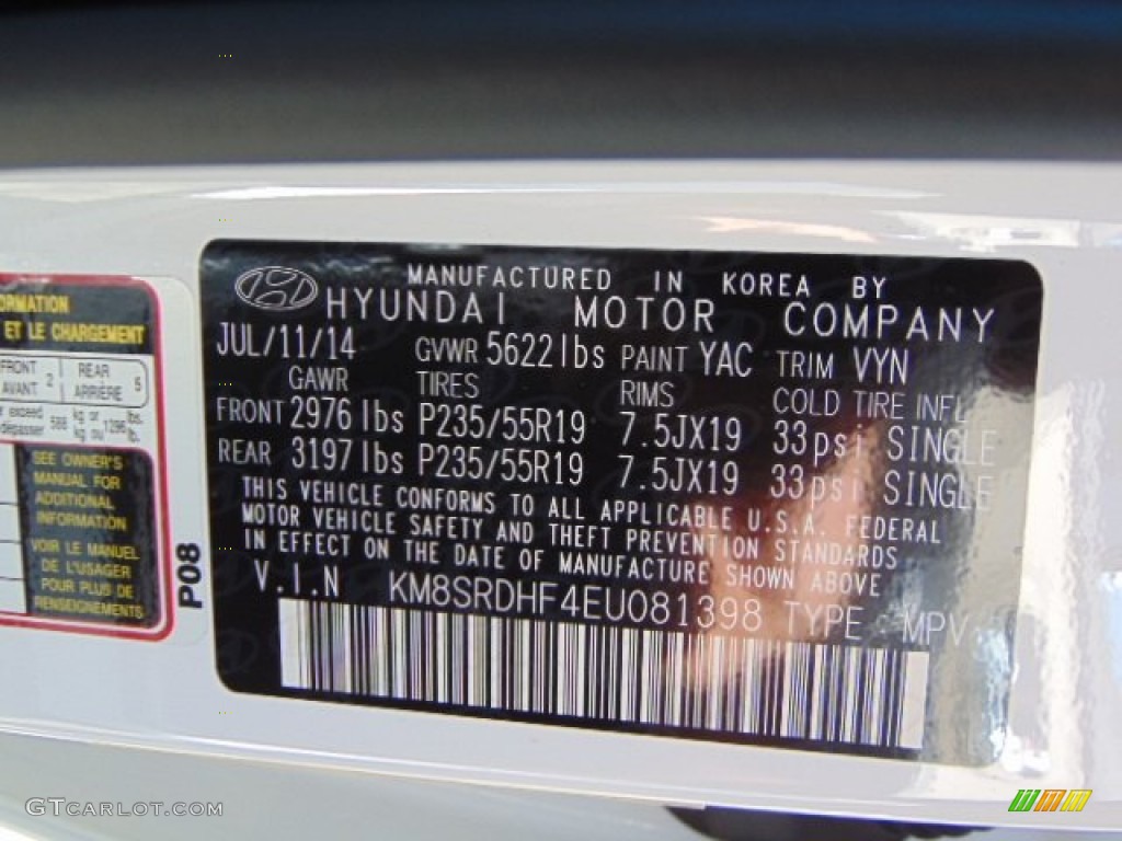 2014 Santa Fe Color Code YAC for Monaco White Photo #97319001