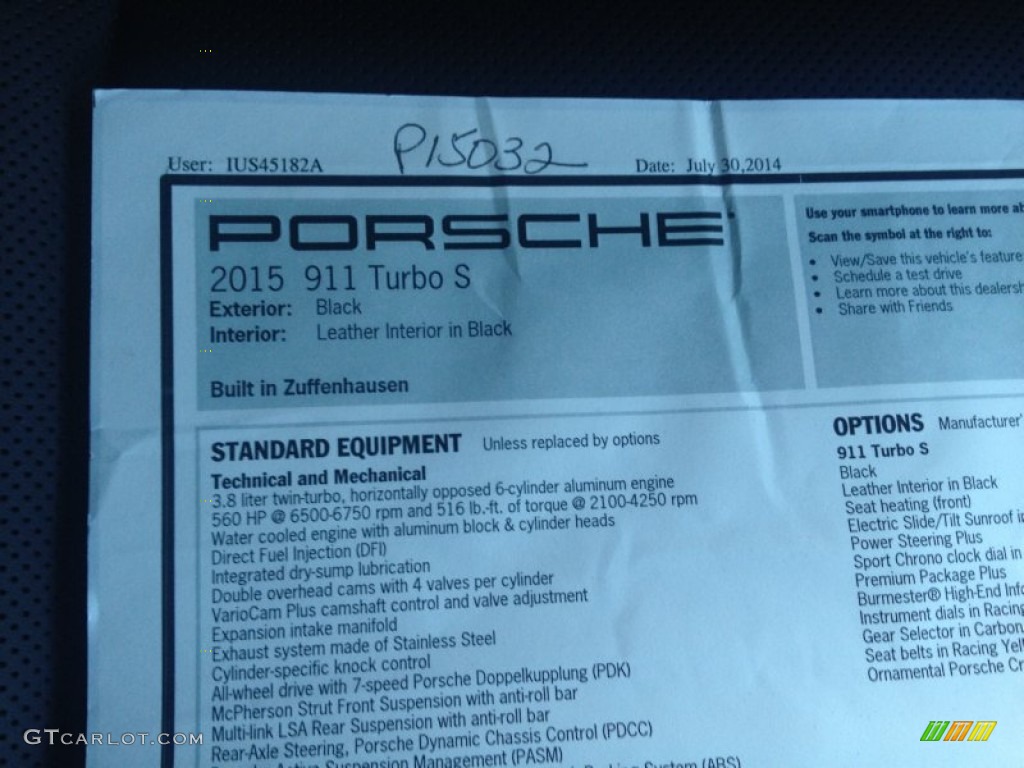 2015 Porsche 911 Turbo S Coupe Window Sticker Photo #97510893