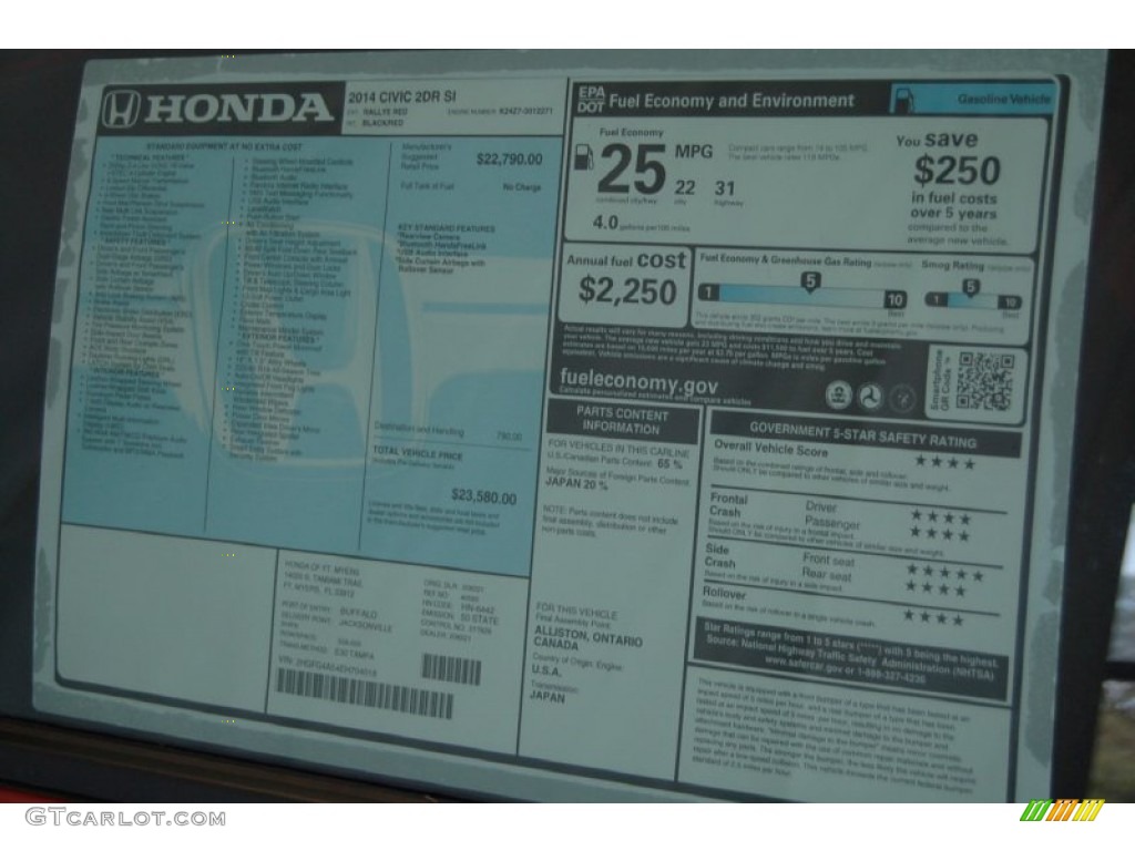 2014 Honda Civic Si Coupe Window Sticker Photo #97581064