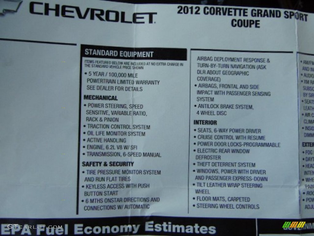 2012 Chevrolet Corvette Grand Sport Coupe Window Sticker Photo #97585267