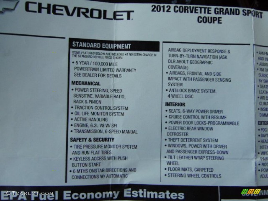 2012 Chevrolet Corvette Grand Sport Coupe Window Sticker Photos