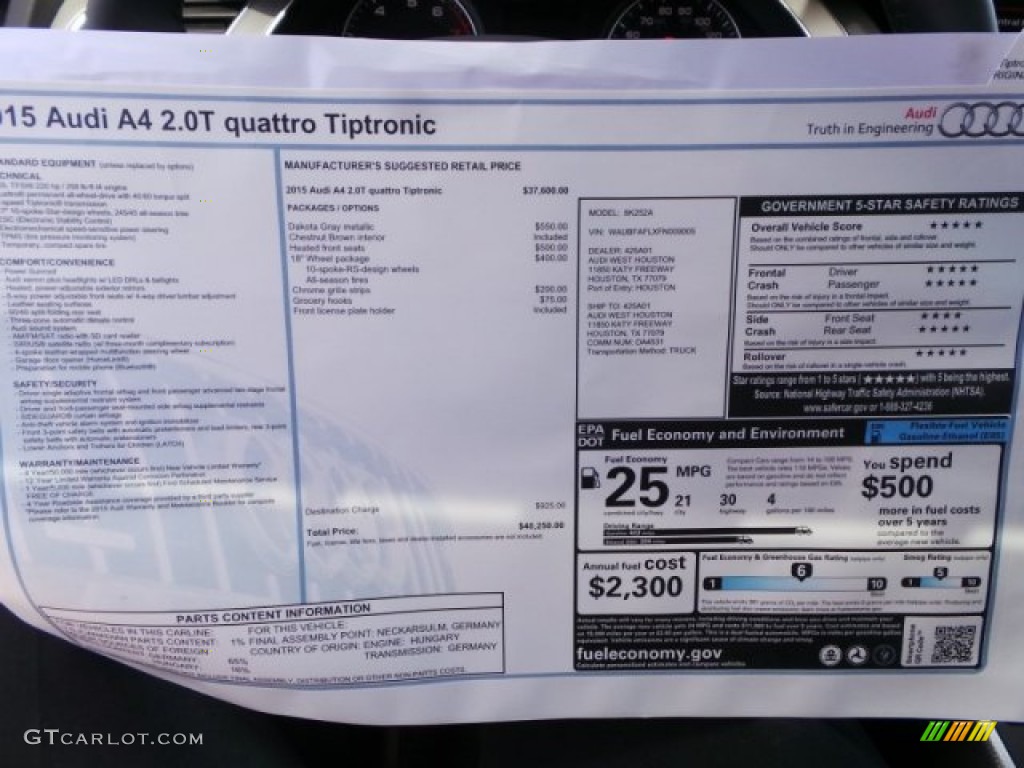 2015 A4 2.0T Premium quattro - Dakota Gray Metallic / Chestnut Brown/Black photo #27